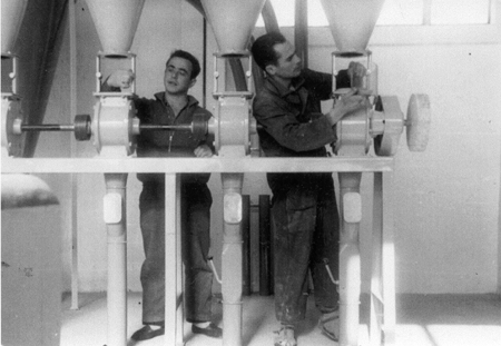 Trabajadores montando la fÃ¡brica de harinas. Daroca.