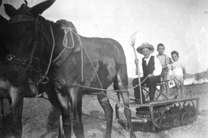 De trilla el abuelo con los nietos. Nombrevilla. AÃ±o 1952.