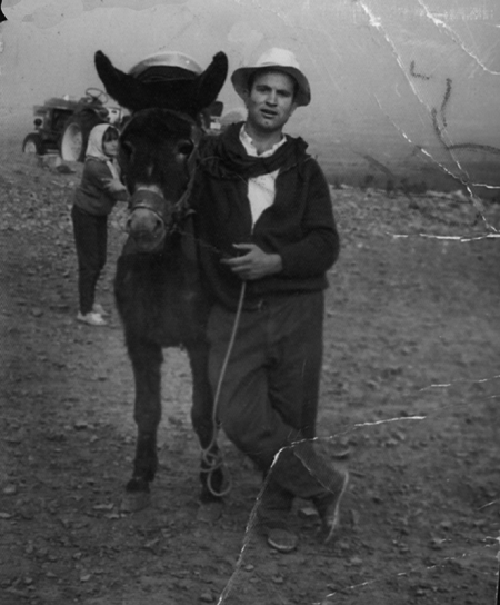 Un joven junto a un burro en el campo en Calamocha.
