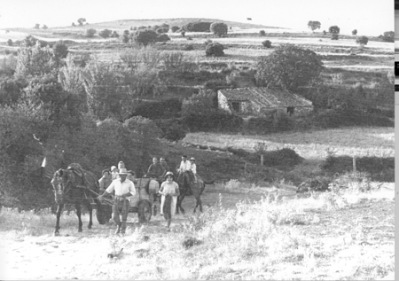 Hombres sobre burros y carros viniendo de trabajar en el campo. Loscos.