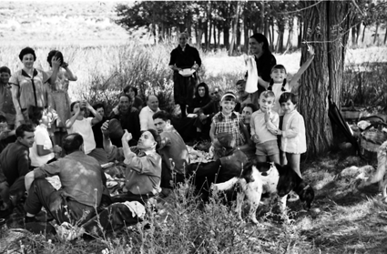 Grupo comiendo y bebiendo bajo los Ã¡rboles. Lechago
