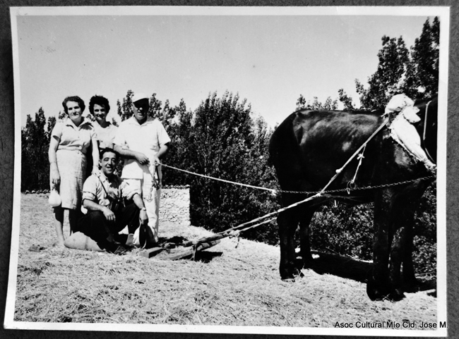 Mujeres y hombre con burro y arado
