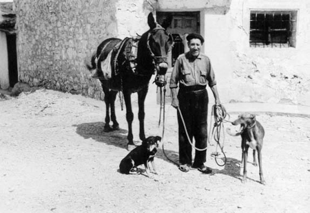Hombre con perros y caballo. Pozuel