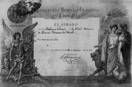 Diploma de honor concedido en la ExposiciÃ³n Hispano-Francesa de 1908. Ojos Negros.