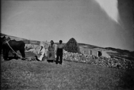 Pareja de vecinos de Torrelosnegros trillando.
