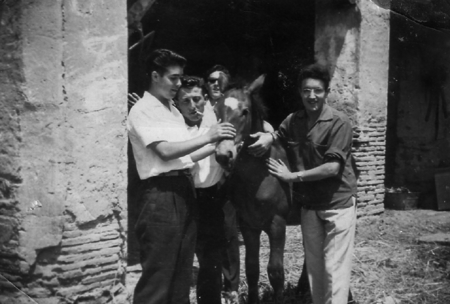 Grupo de amigos junto a un caballo. Badules.